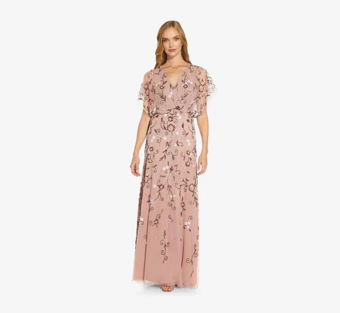 Long Dresses Womens Adrianna Papell Long Hand Beaded Flutter Sleeve Blouson Gown In Candied Ginger