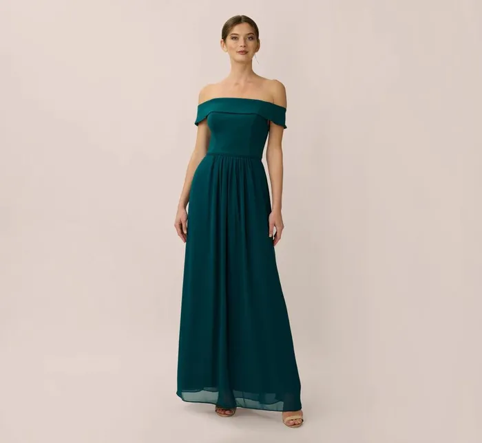 Long Dresses Womens Adrianna Papell Off The Shoulder Crepe Chiffon Gown With Soft Skirt In Hunter Long Dresses Womens Adrianna Papell Off The Shoulder Crepe Chiffon Gown With Soft Skirt In Hunter