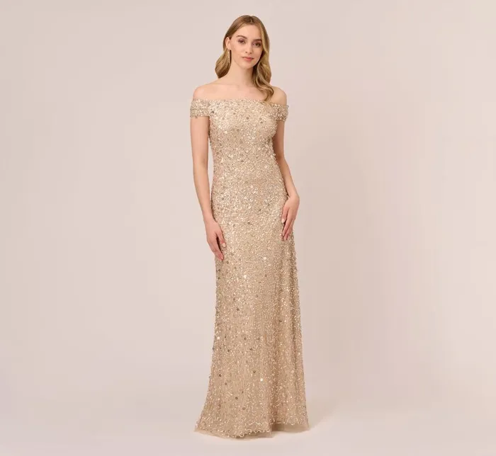 Long Dresses Womens Adrianna Papell Off The Shoulder Sequin Beaded Gown In Champagne Long Dresses Womens Adrianna Papell Off The Shoulder Sequin Beaded Gown In Champagne