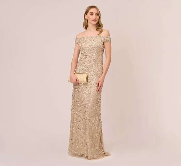 Long Dresses Womens Adrianna Papell Off The Shoulder Sequin Beaded Gown In Champagne