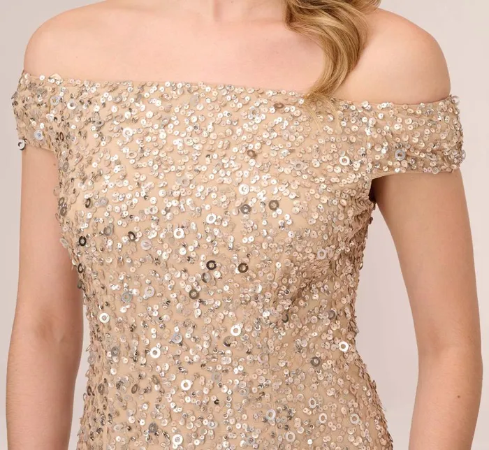 Long Dresses Womens Adrianna Papell Off The Shoulder Sequin Beaded Gown In Champagne