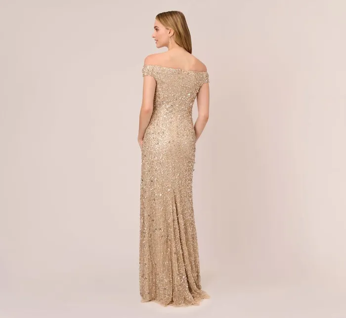 Long Dresses Womens Adrianna Papell Off The Shoulder Sequin Beaded Gown In Champagne