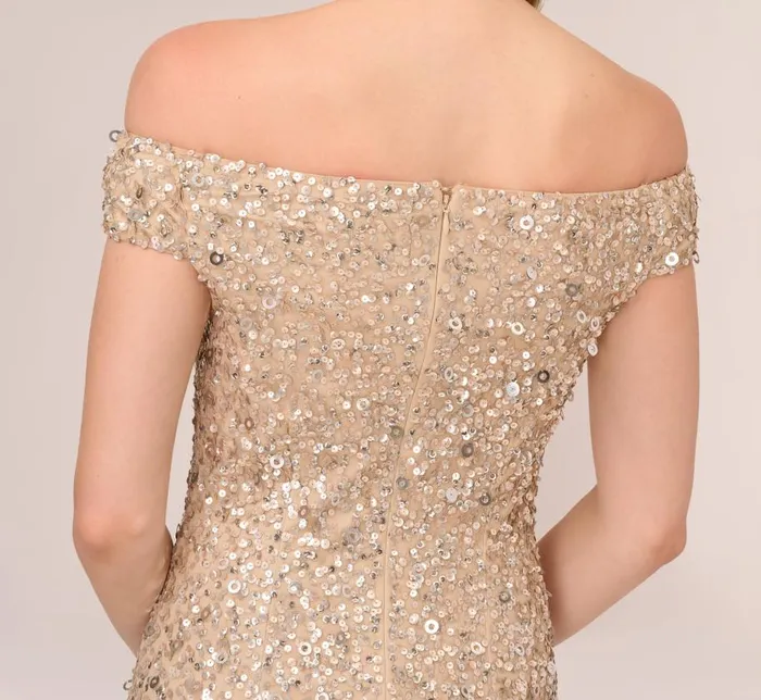 Long Dresses Womens Adrianna Papell Off The Shoulder Sequin Beaded Gown In Champagne