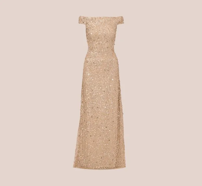Long Dresses Womens Adrianna Papell Off The Shoulder Sequin Beaded Gown In Champagne