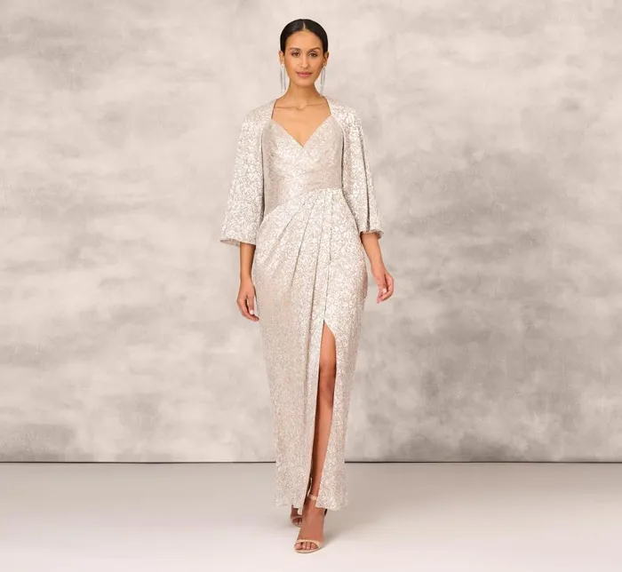 Long Dresses Womens Adrianna Papell Pleated Foiled Long Column Dress With Slit And Flutter Sleeves In Silver Gold Long Dresses Womens Adrianna Papell Pleated Foiled Long Column Dress With Slit And Flutter Sleeves In Silver Gold