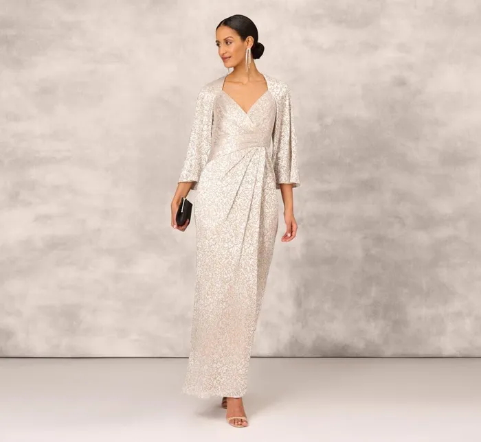 Long Dresses Womens Adrianna Papell Pleated Foiled Long Column Dress With Slit And Flutter Sleeves In Silver Gold