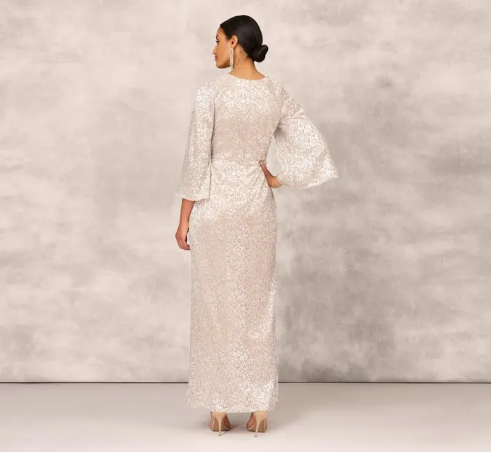 Long Dresses Womens Adrianna Papell Pleated Foiled Long Column Dress With Slit And Flutter Sleeves In Silver Gold