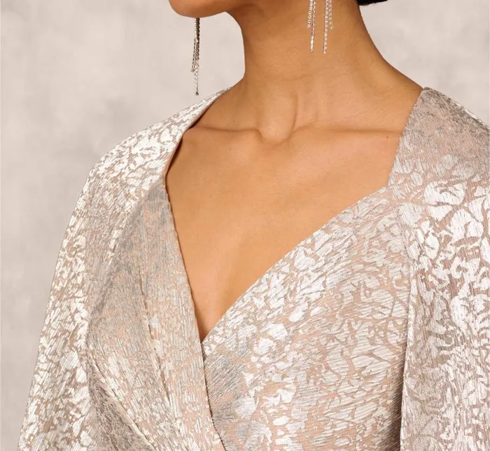 Long Dresses Womens Adrianna Papell Pleated Foiled Long Column Dress With Slit And Flutter Sleeves In Silver Gold