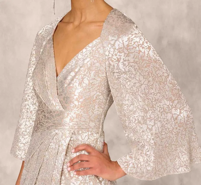 Long Dresses Womens Adrianna Papell Pleated Foiled Long Column Dress With Slit And Flutter Sleeves In Silver Gold