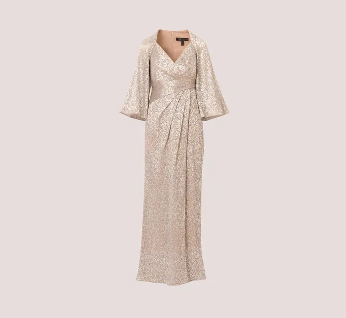 Long Dresses Womens Adrianna Papell Pleated Foiled Long Column Dress With Slit And Flutter Sleeves In Silver Gold