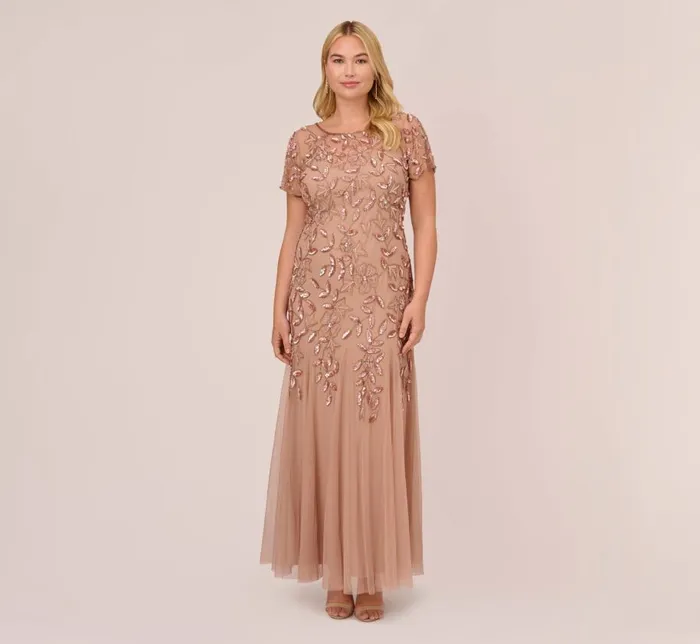 Long Dresses Womens Adrianna Papell Plus Size Hand Beaded Short Sleeve Floral Godet Gown In Rose Gold