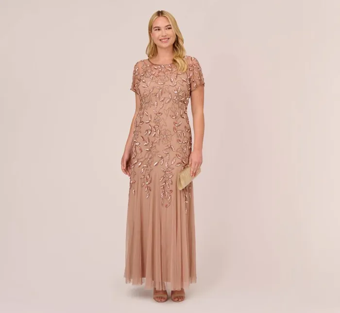 Long Dresses Womens Adrianna Papell Plus Size Hand Beaded Short Sleeve Floral Godet Gown In Rose Gold