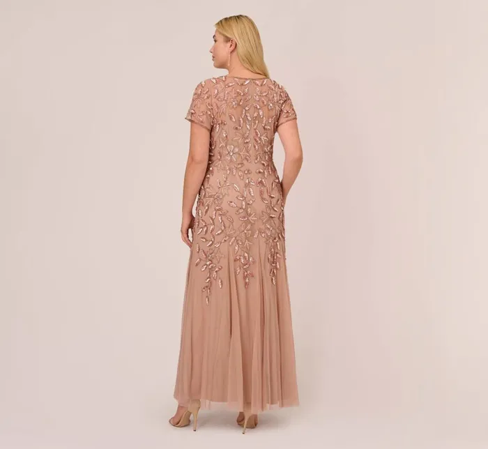 Long Dresses Womens Adrianna Papell Plus Size Hand Beaded Short Sleeve Floral Godet Gown In Rose Gold
