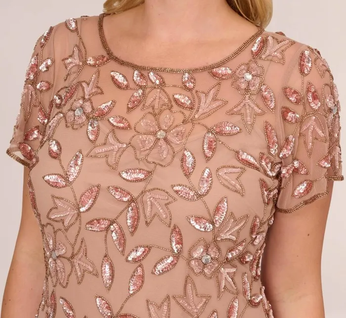 Long Dresses Womens Adrianna Papell Plus Size Hand Beaded Short Sleeve Floral Godet Gown In Rose Gold