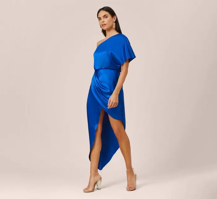 Long Dresses Womens Adrianna Papell Satin OneShoulder Draped Long Asymmetrical Gown In Violet Cobalt Long Dresses Womens Adrianna Papell Satin OneShoulder Draped Long Asymmetrical Gown In Violet Cobalt