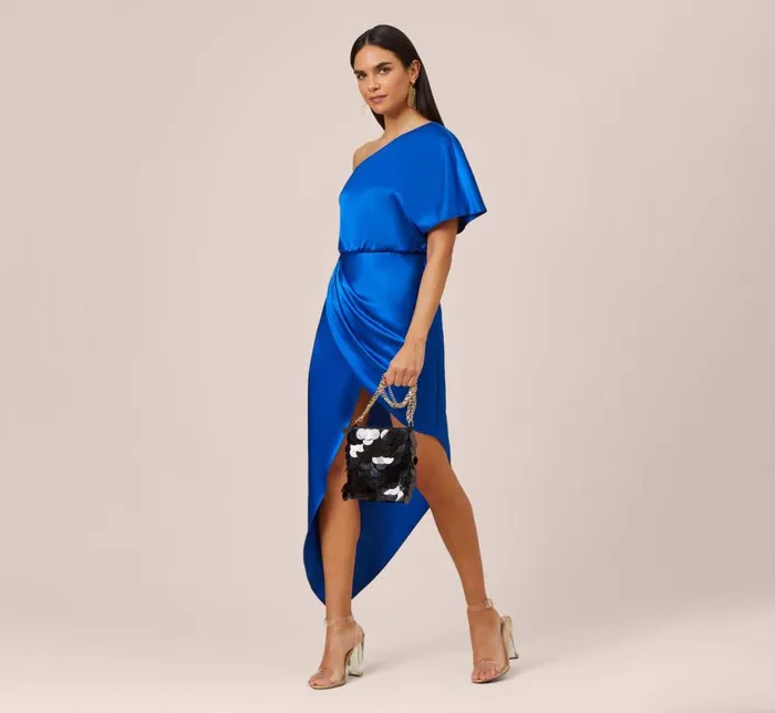 Long Dresses Womens Adrianna Papell Satin OneShoulder Draped Long Asymmetrical Gown In Violet Cobalt