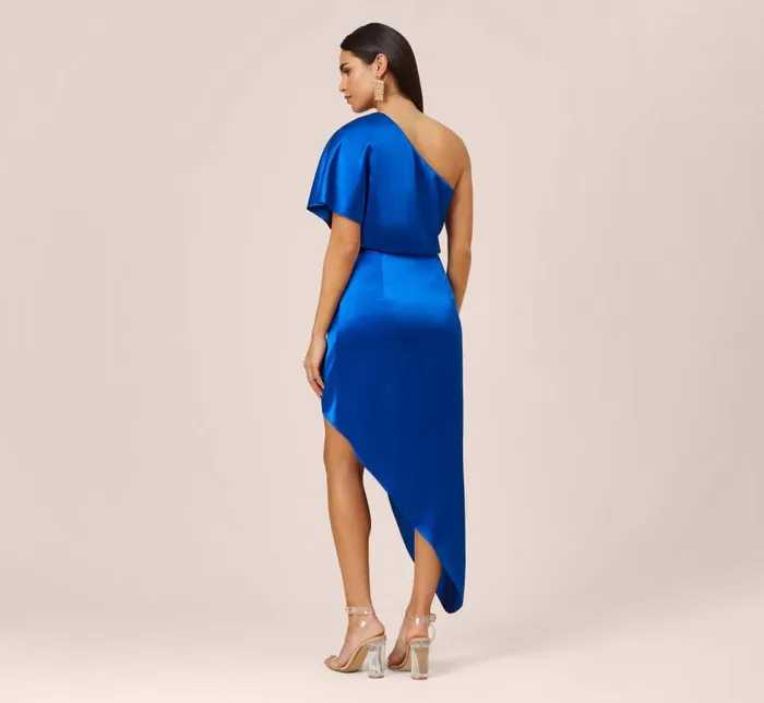 Long Dresses Womens Adrianna Papell Satin OneShoulder Draped Long Asymmetrical Gown In Violet Cobalt