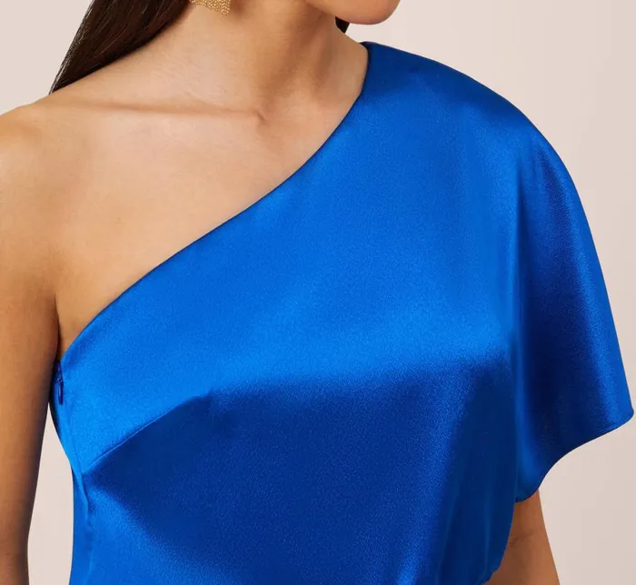 Long Dresses Womens Adrianna Papell Satin OneShoulder Draped Long Asymmetrical Gown In Violet Cobalt