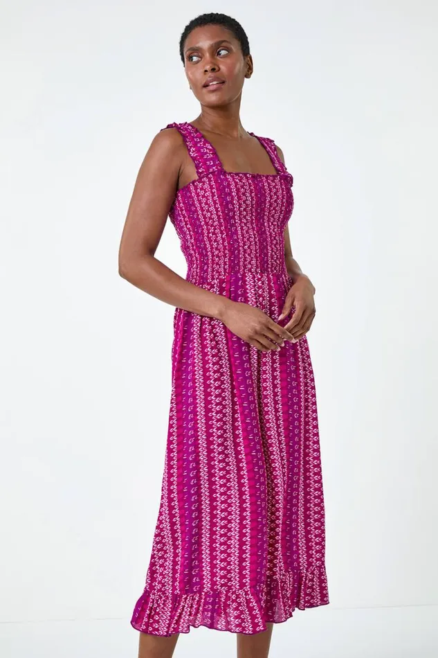 Magenta Abstract Stripe Shirred Bodice Midi Dress Women Roman Dresses