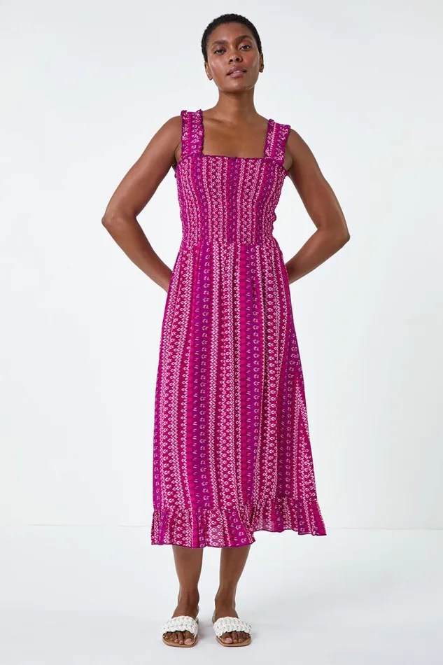 Magenta Abstract Stripe Shirred Bodice Midi Dress Women Roman Dresses