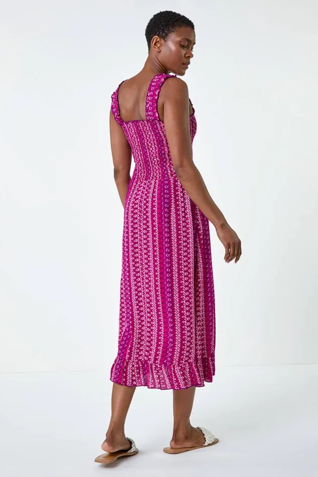 Magenta Abstract Stripe Shirred Bodice Midi Dress Women Roman Dresses