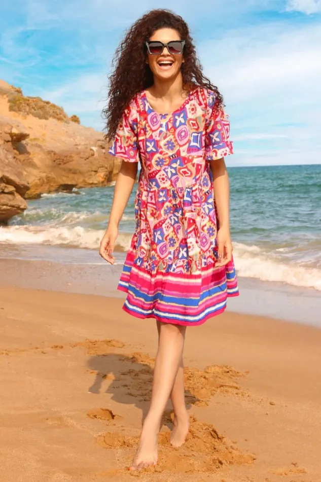 Magenta Printed Frill Sleeve Tiered Smock Dress Women Roman Dresses