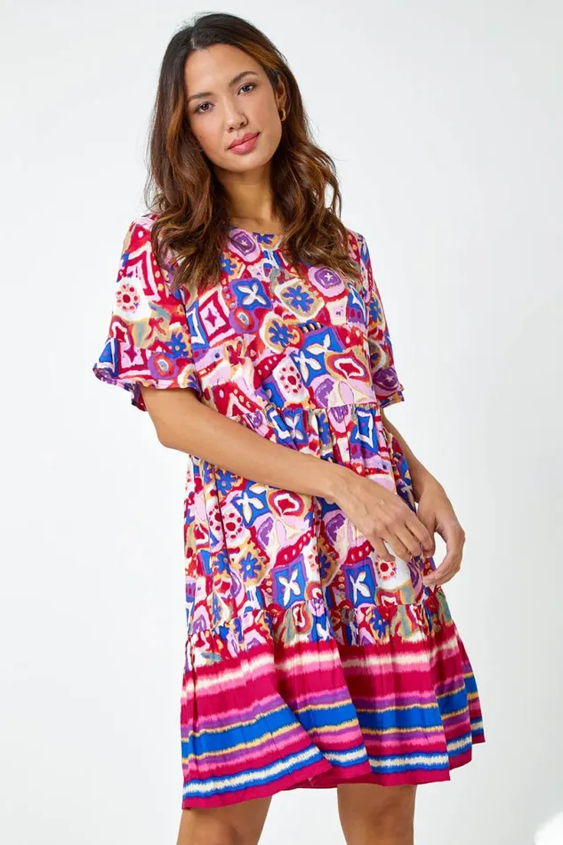 Magenta Printed Frill Sleeve Tiered Smock Dress Women Roman Dresses