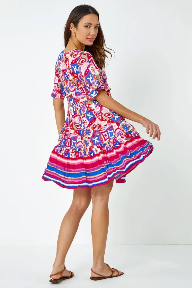 Magenta Printed Frill Sleeve Tiered Smock Dress Women Roman Dresses