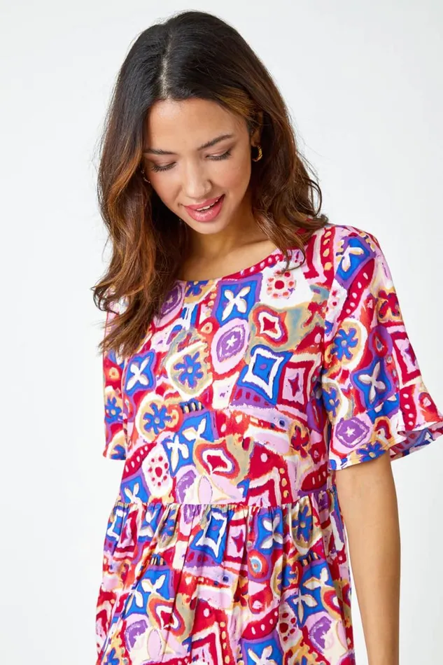 Magenta Printed Frill Sleeve Tiered Smock Dress Women Roman Dresses