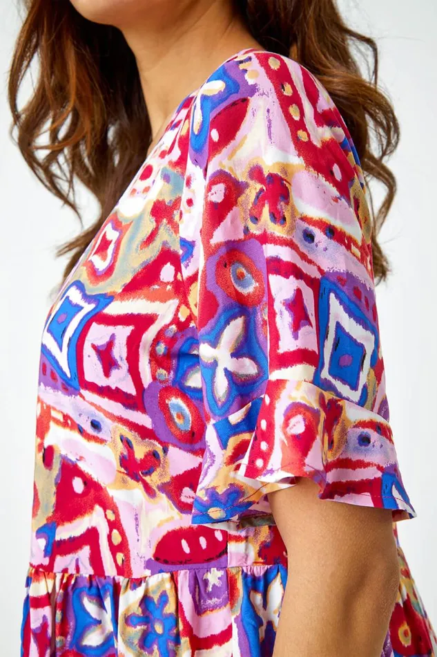 Magenta Printed Frill Sleeve Tiered Smock Dress Women Roman Dresses