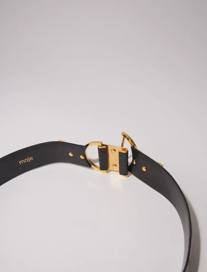 Maje Belts Womens Wide Smooth Leather Belt Black