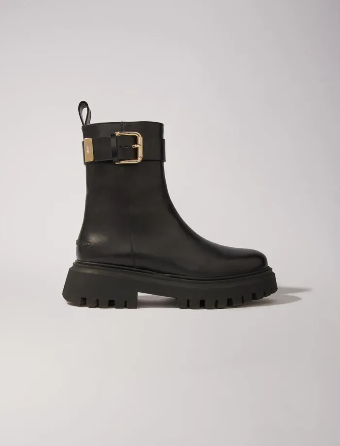Maje Booties and Boots Womens Leather Ankle Boots With Buckles Black