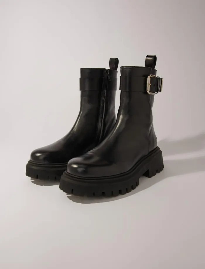 Maje Booties and Boots Womens Leather Ankle Boots With Buckles Black