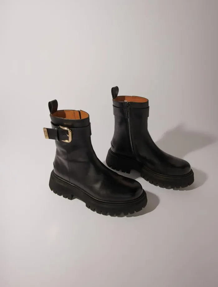 Maje Booties and Boots Womens Leather Ankle Boots With Buckles Black