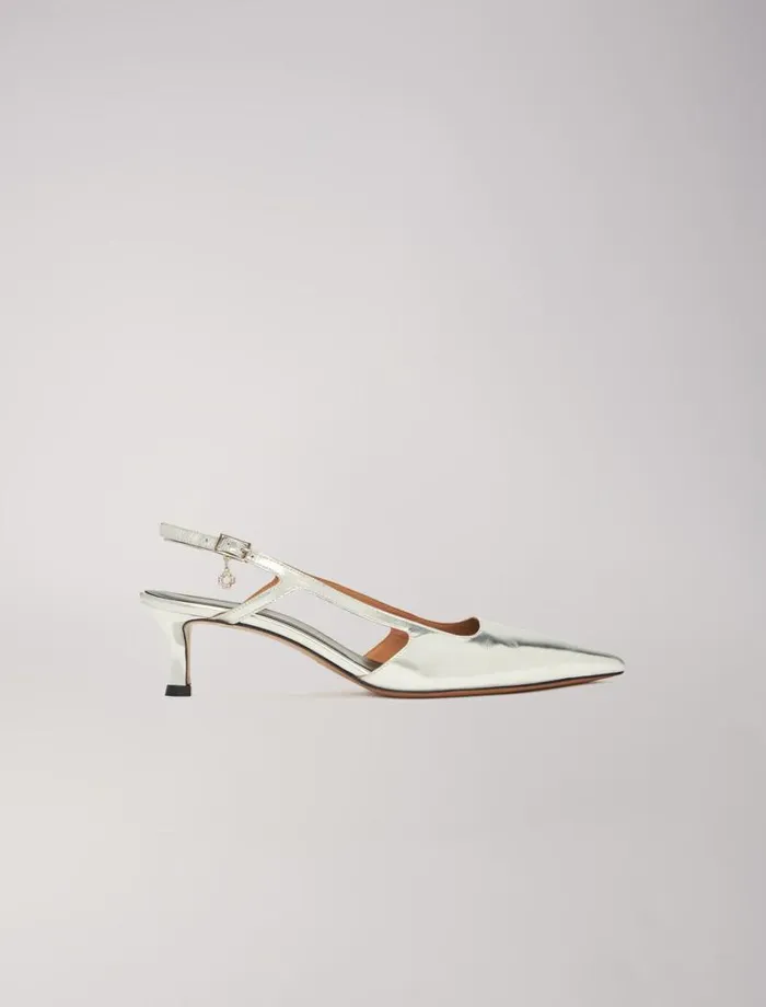 Maje Kitten Heels Womens Silver Leather Strappy Heels Silver