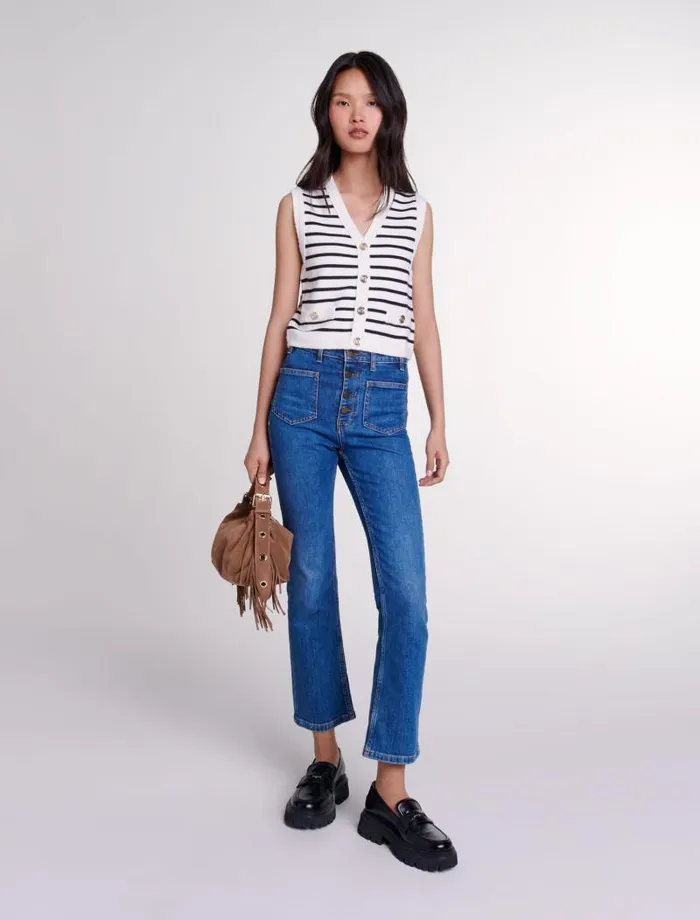 Maje Sweaters and Cardigans Womens Sleeveless Striped Cardigan Navy Ecru