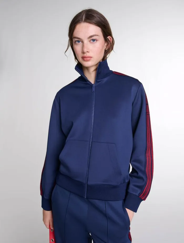 Maje Sweaters and Cardigans Womens Striped Zipup Sweatshirt Navy