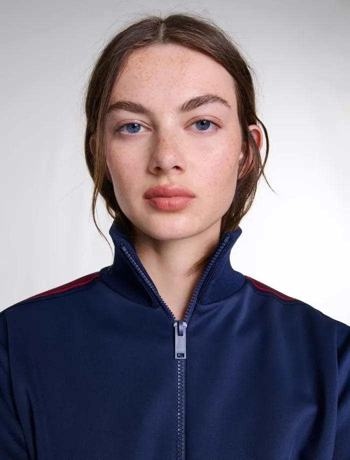 Maje Sweaters and Cardigans Womens Striped Zipup Sweatshirt Navy