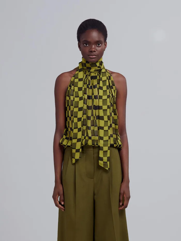 Marni Iconic Damier Print Crepon Tank Top Dusty Olive Womens Tops and Shirts Marni Iconic Damier Print Crepon Tank Top Dusty Olive Womens Tops and Shirts
