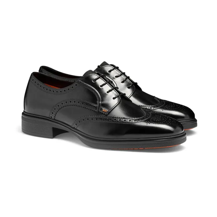 Men Black Leather Easy Brogue LaceUp Santoni LaceUps