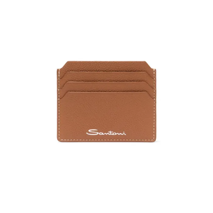 Men Light Brown Tumbled Leather Credit Card Holder Santoni Small Leather Goods Men Light Brown Tumbled Leather Credit Card Holder Santoni Small Leather Goods