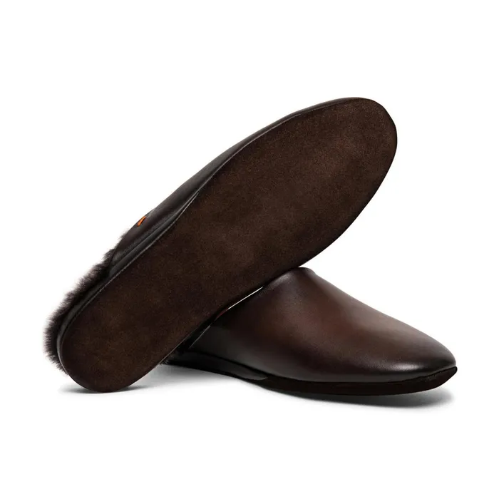 Men Polished Brown Leather Slipper Santoni Slippers