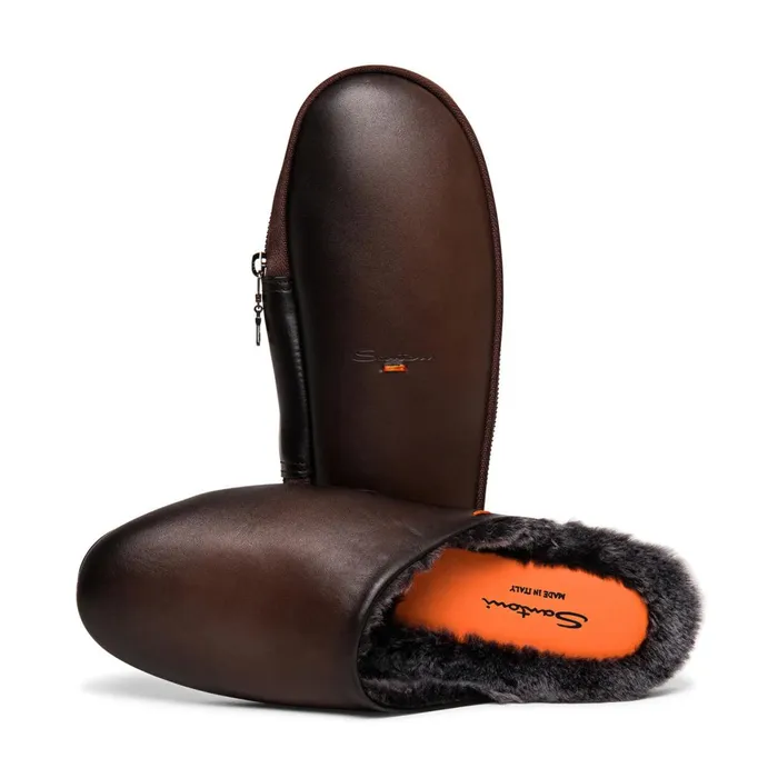 Men Polished Brown Leather Slipper Santoni Slippers