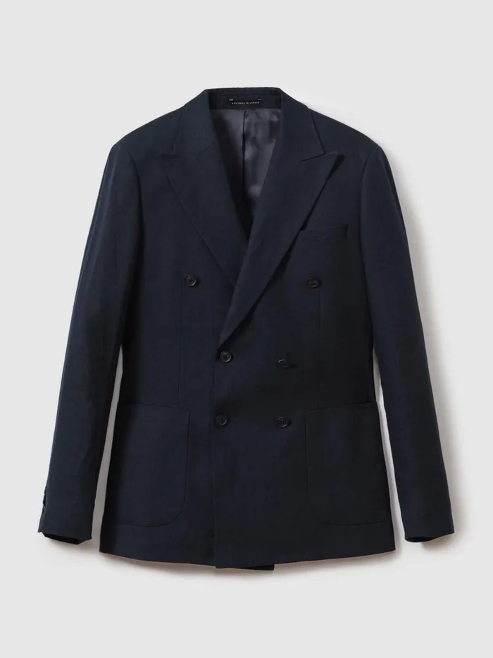 Men Reiss Blazers Kin Db Double Breasted Linen Blazer Navy