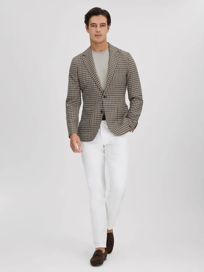 Men Reiss Blazers Nano Wool Blend Check Single Breasted Blazer Brown Multi