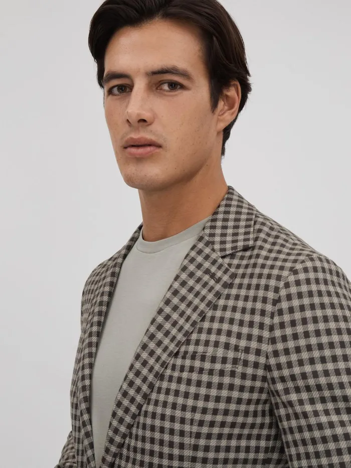 Men Reiss Blazers Nano Wool Blend Check Single Breasted Blazer Brown Multi