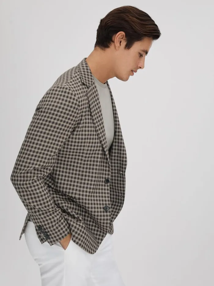 Men Reiss Blazers Nano Wool Blend Check Single Breasted Blazer Brown Multi