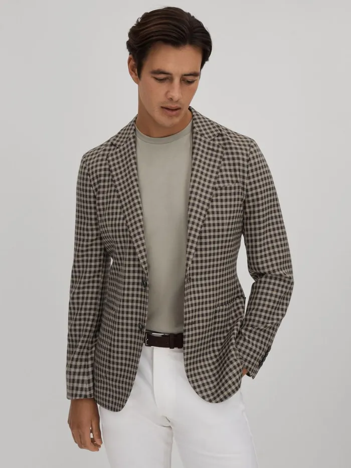 Men Reiss Blazers Nano Wool Blend Check Single Breasted Blazer Brown Multi