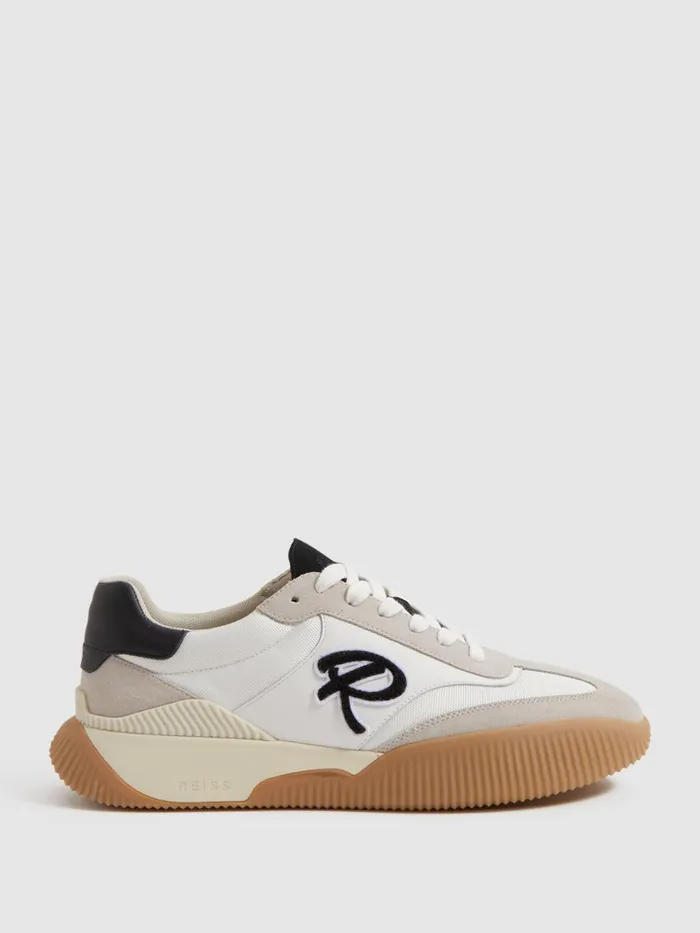 Men Reiss Casual Shoes Casper Leather Colourblock Running Trainers Whiteblack