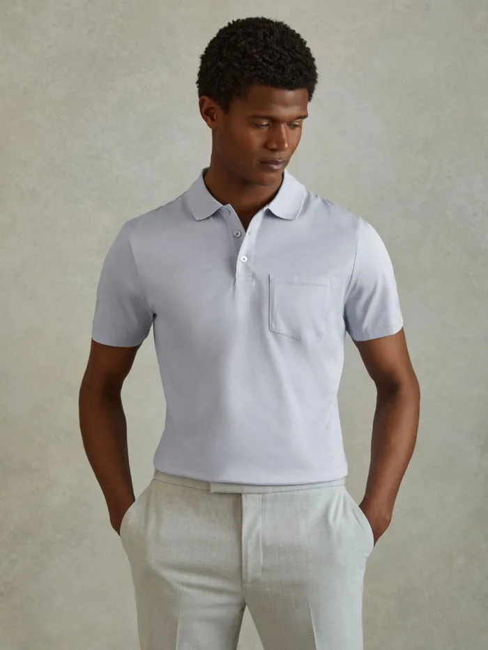 Men Reiss Knitwear Austin Mercerised Cotton Polo Shirt Soft Blue